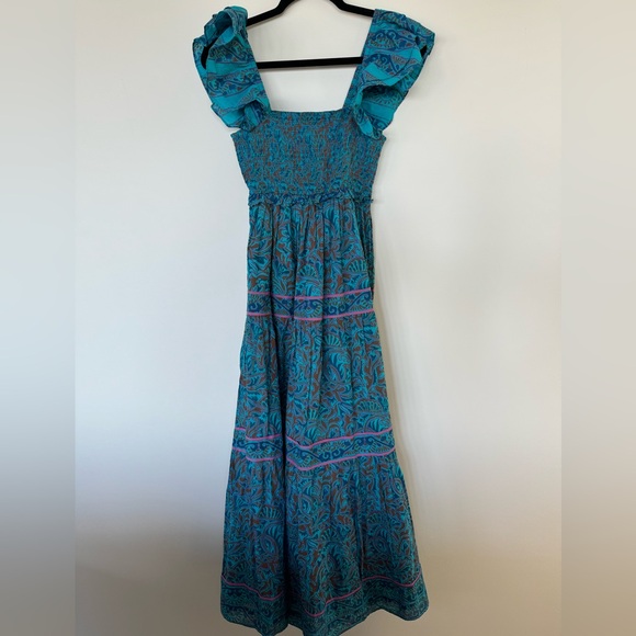 CLEOBELLA MARILYN ANKLE DRESS SQUARE SMOCKED NECKLINE ORGANIC COTTON IN BLUE - Picture 3 of 8